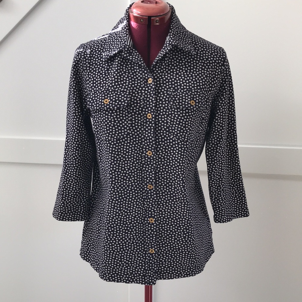 Lands' End Navy and White Polka Dot Top Size M